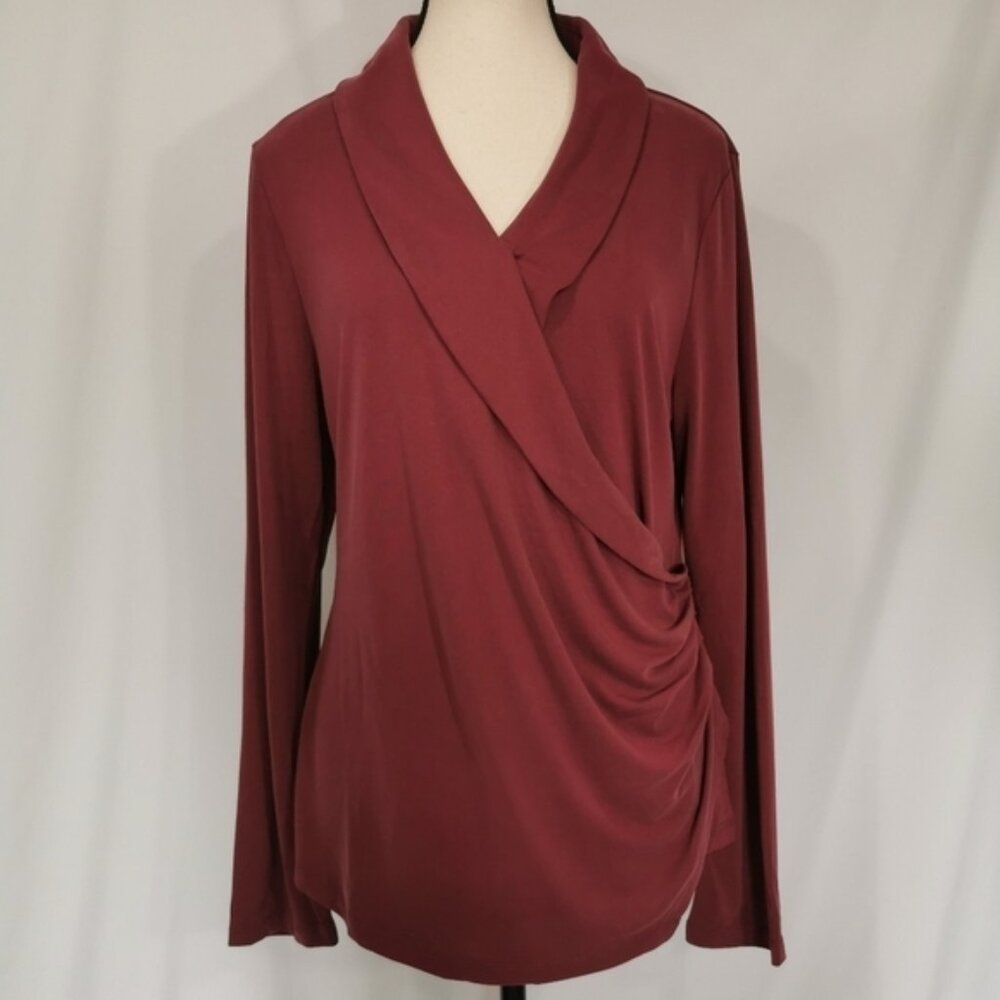 NWT Tahari Ruched Wrap Style Long Sleeve Blouse in a Dusty Merlot - Sz XL